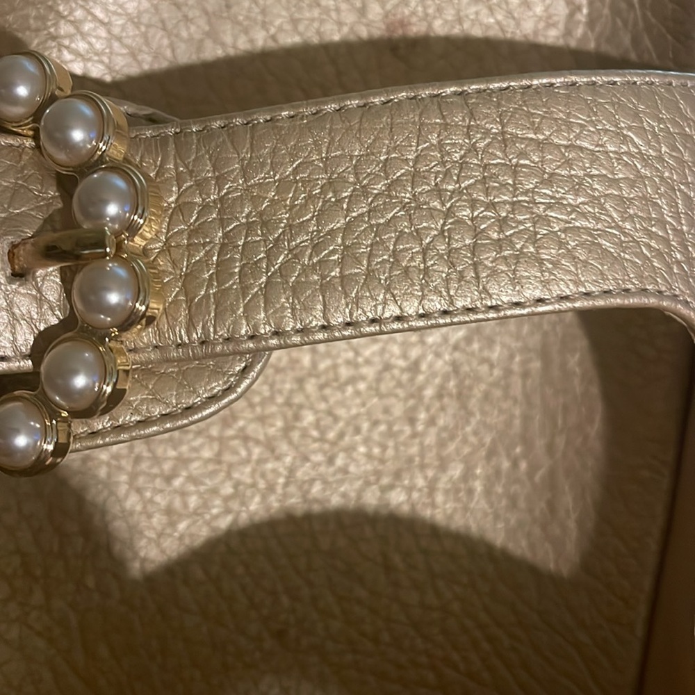 Stuart Weitzman Gold Sandal With Pearl Buckles - Picture 8 of 9